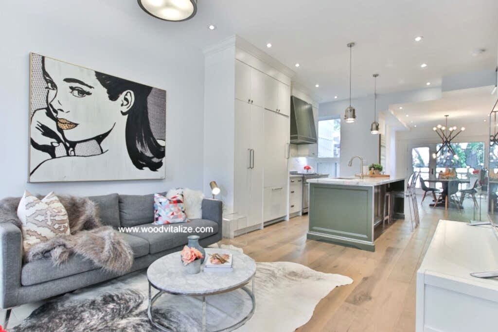 Modern open-plan living room and kitchen design.